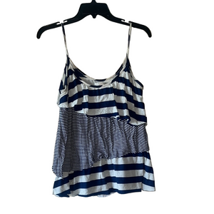 Just Ginger Blue and White Asymmetrical Striped Ruffled Camisole